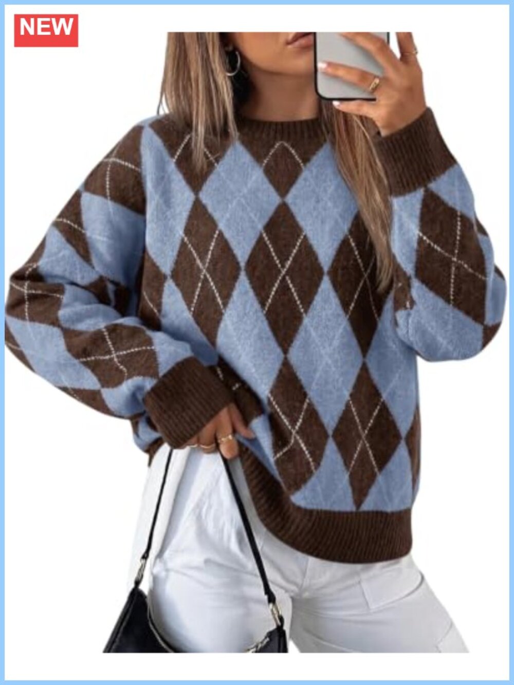 Oversized Argyle Plaid Knit Pullover Sweater Long Sleeve Crew Neck Casual